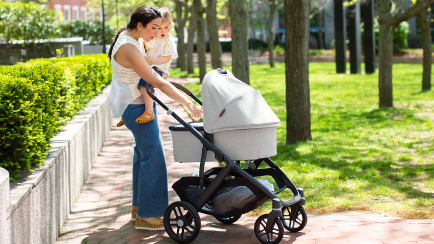 Three children of different ages are accommodated on a single Vista with the included Toddler Seat, PiggyBack and RumbleSeat accessories, and adapters