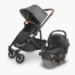 Travel System - Mesa V2 infant car seat alongside Cruz V2 Stroller both in Greyson fashion