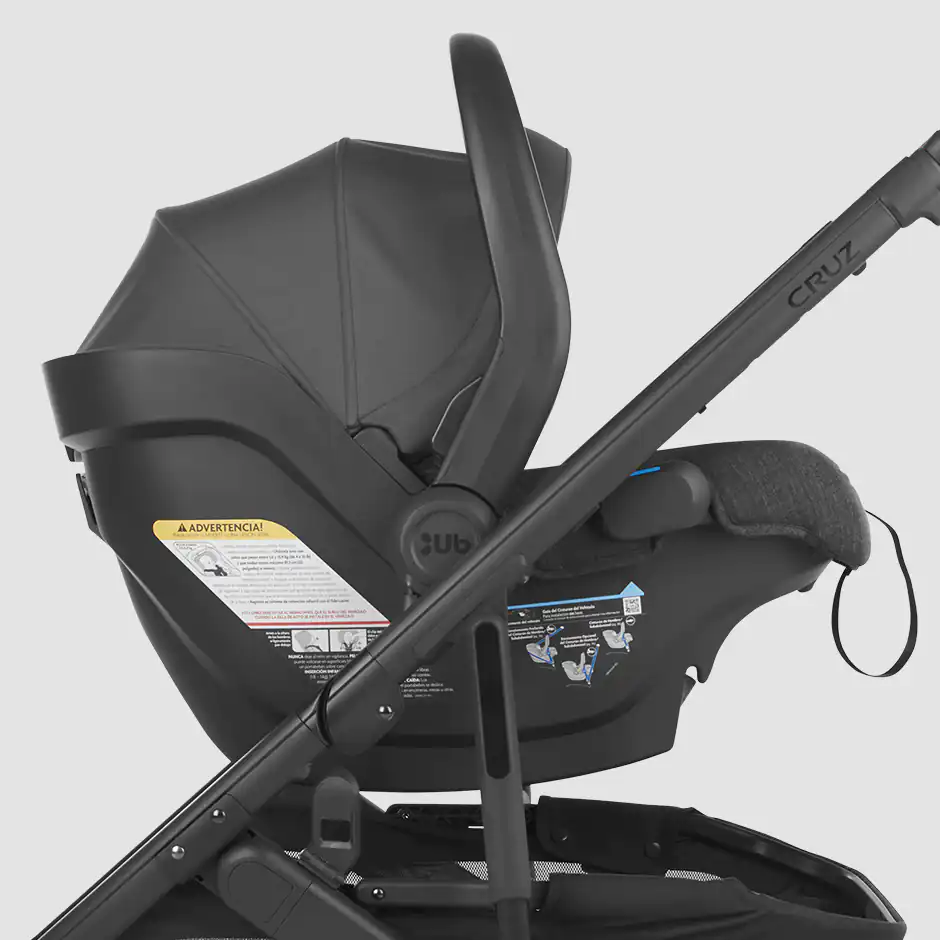 Mesa V2 infant car seat attached to Cruz V2 Stroller both in Jake fashion - close up