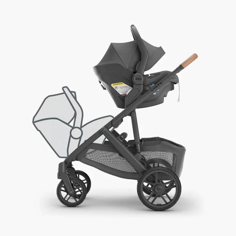 The Vista V2 in a double configuration, with a Mesa Max attached to the frame with the help of Upper adapters, and a potential other brand's car seat attached with the help of lower car seat adapters