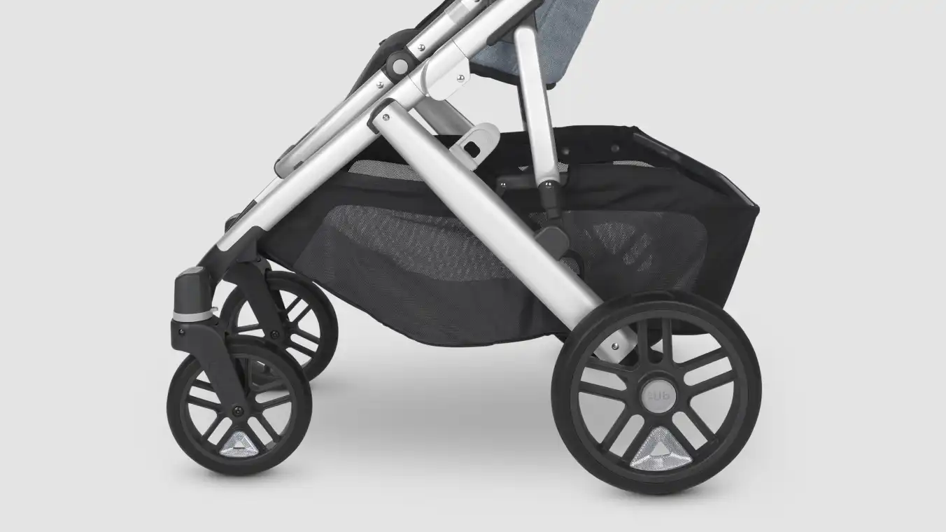 Stroller with easily attached Wheel Reflectors that snap into place in seconds