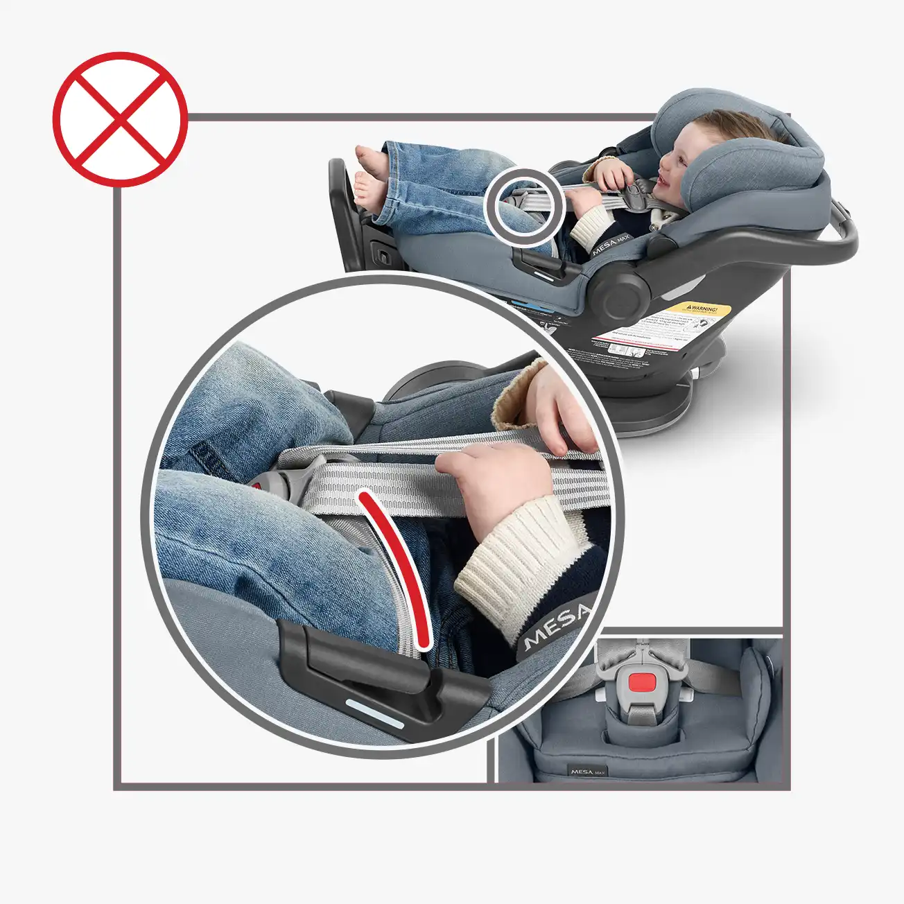 Incorrect crotch buckle positioning. Infant in car seat, closeup showing infant sitting on top of crotch buckle due to use of Infant Insert when child is too large.