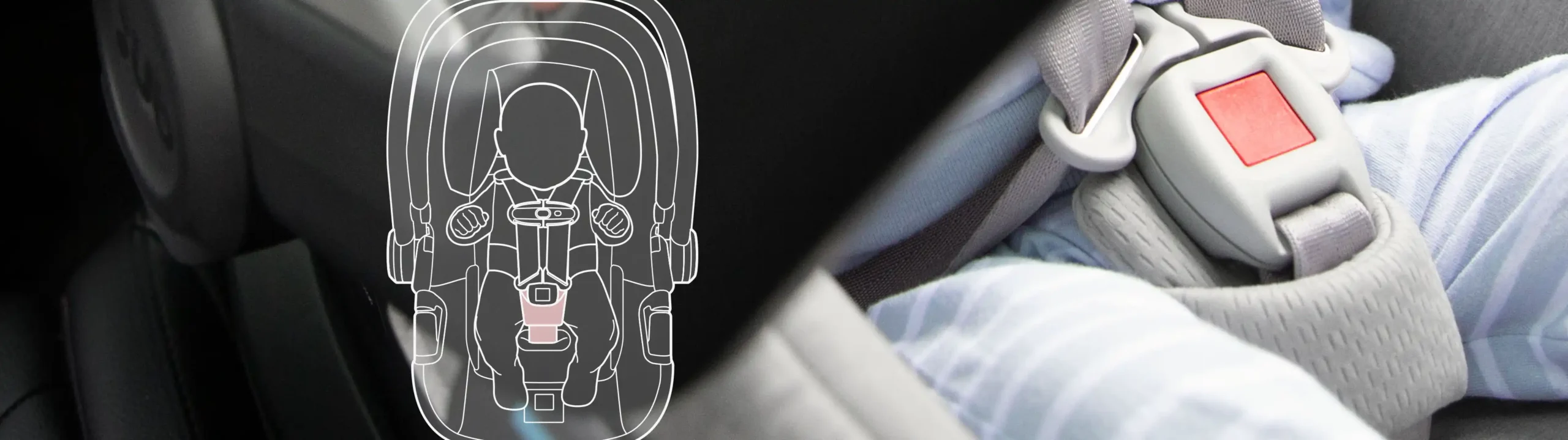 Closeup of baby in infant car seat with crotch buckle placement. Sketch highlighting crotch buckle location on infant car seat overlays the image.