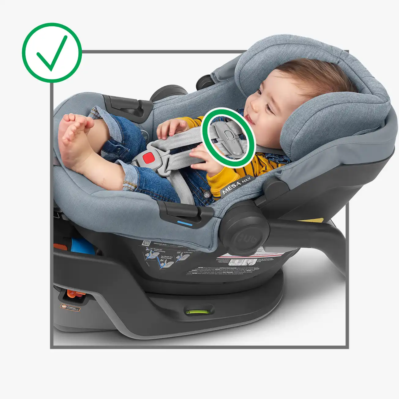 Correct position of chest clip on infant in car seat. Green circle showing correct fit - chest clip is properly positioned at armpit level, centered on chest, and securely clipped together.