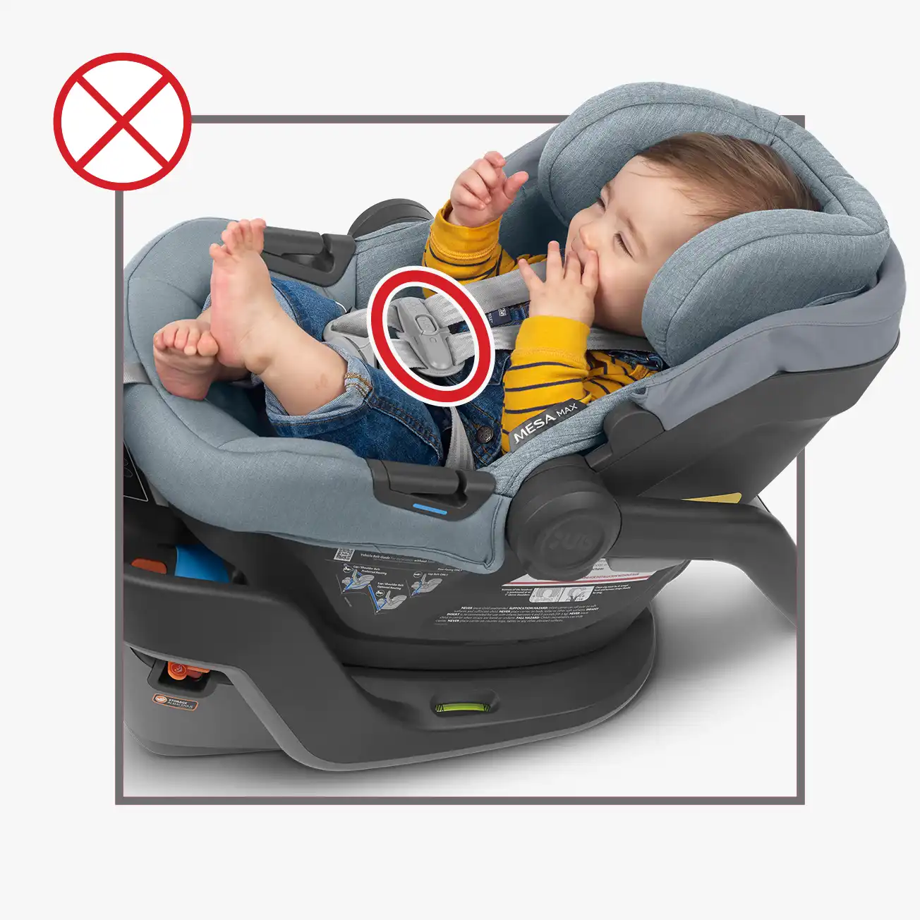 Incorrect position of chest clip on infant in car seat. Red circle showing error - chest clip positioned below armpit level.