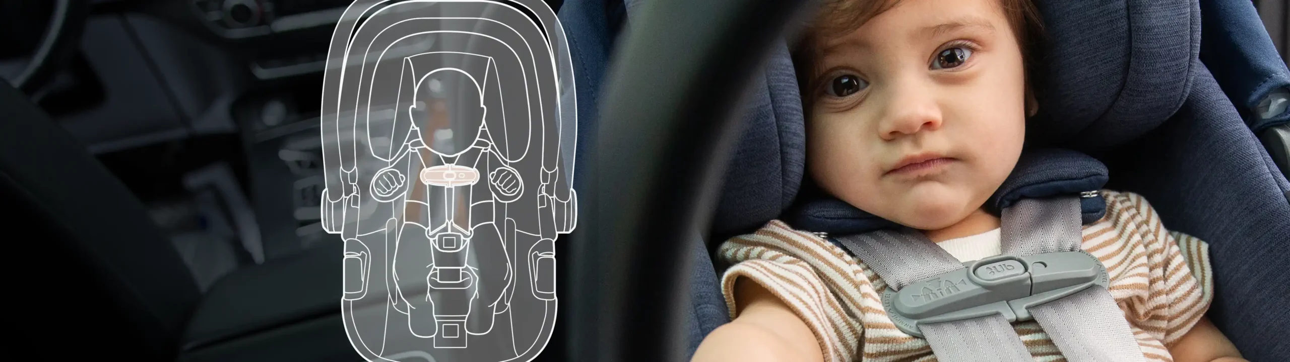 Closeup of baby in infant car seat with proper chest clip placement. Sketch highlighting the chest clip on an infant car seat overlay the image.