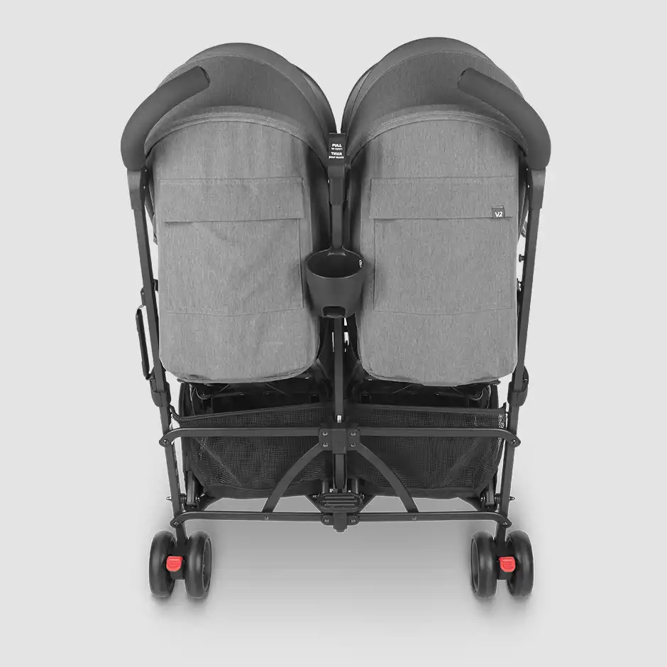 The G-Link V2 (Greyson) features two large storage pockets on the backside of each canopy and an included cup holder