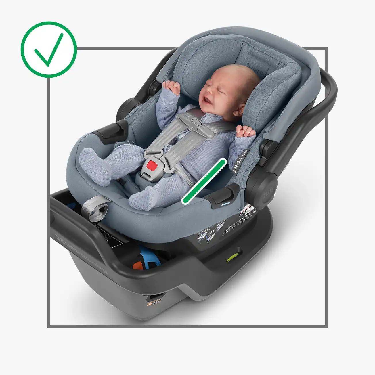 Correct positioning of infant insert. Infant in car seat, infant car seat is correctly positioned under the baby, supporting infant's torso