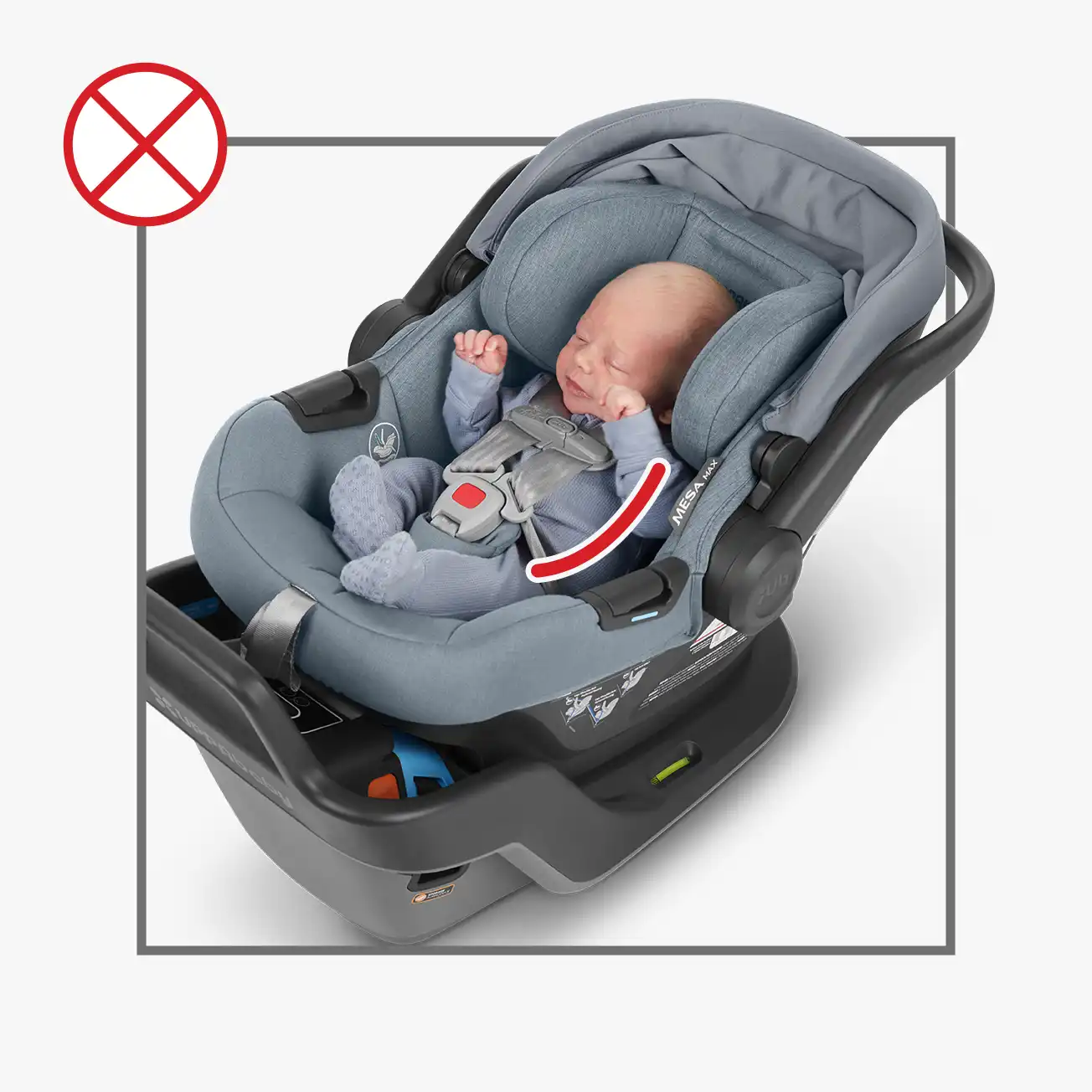 Incorrect fit of baby in car seat. Infant incorrectly positioned in car seat due to small size, use of the infant insert would support the baby and allow for the proper car seat fit