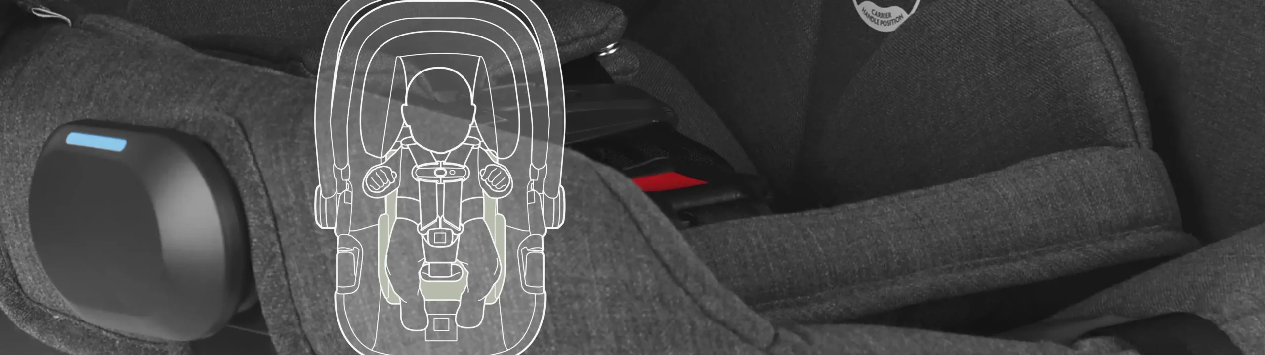 Closeup of infant insert attached to infant car seat. Sketch highlighting location of infant insert on car seat overlays the image.