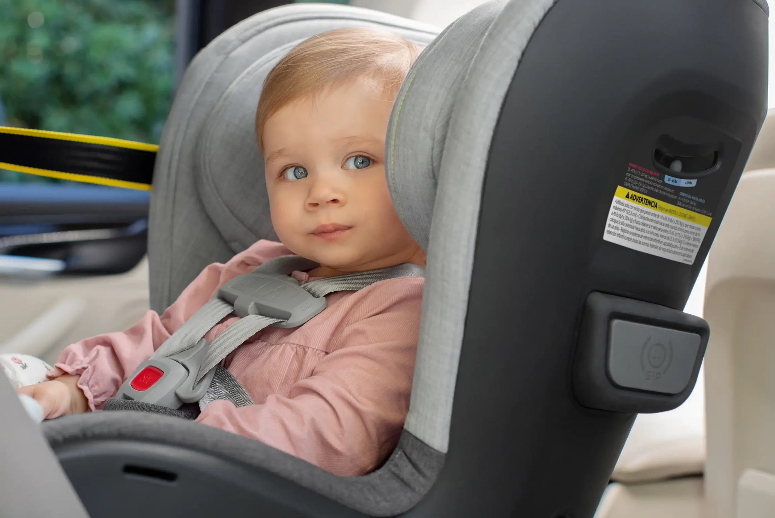 A child, secured in the Knox Convertible Car Seat's no-rethread harness and eight position headrest, looks into the distance