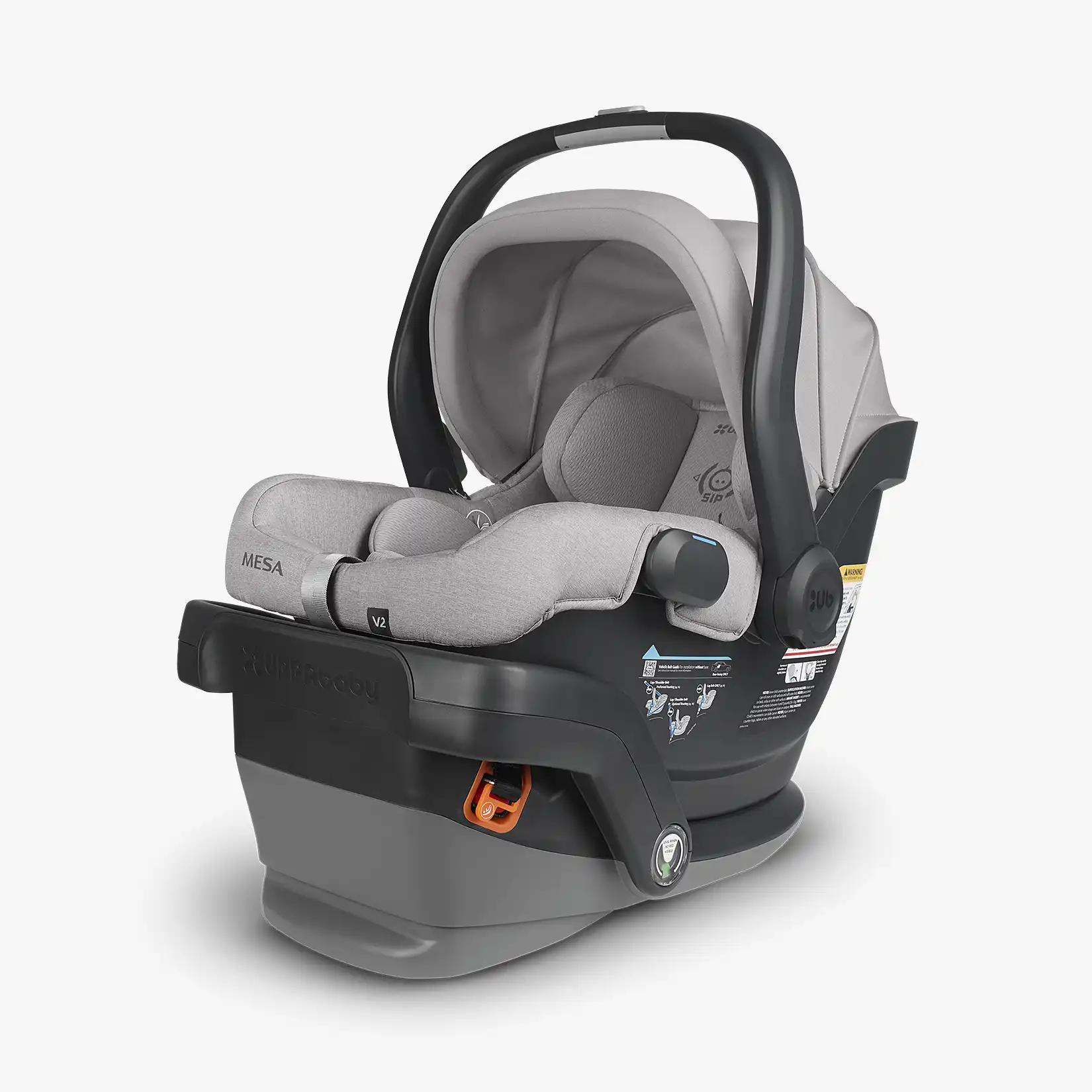 The Mesa V2 infant carrier (Stella - Grey Mélange) and the included low-profile, streamlined base